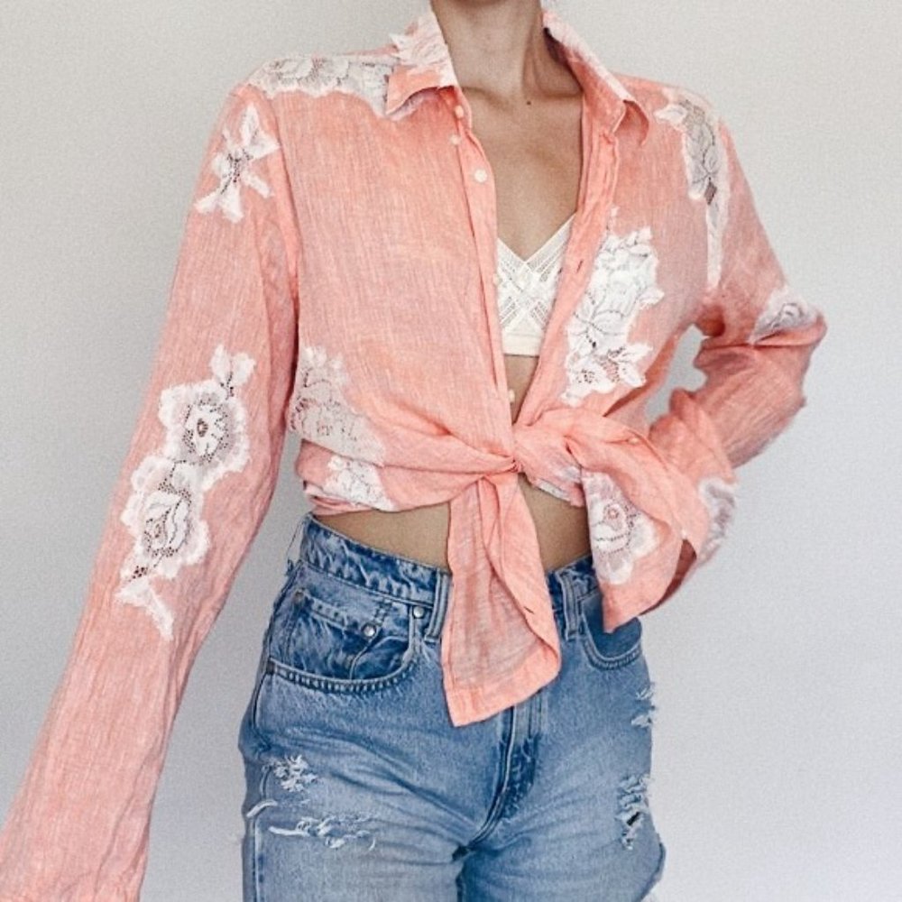 Vintage Orange Linen Floral Lace Button Down Blouse - Picture 4 of 11